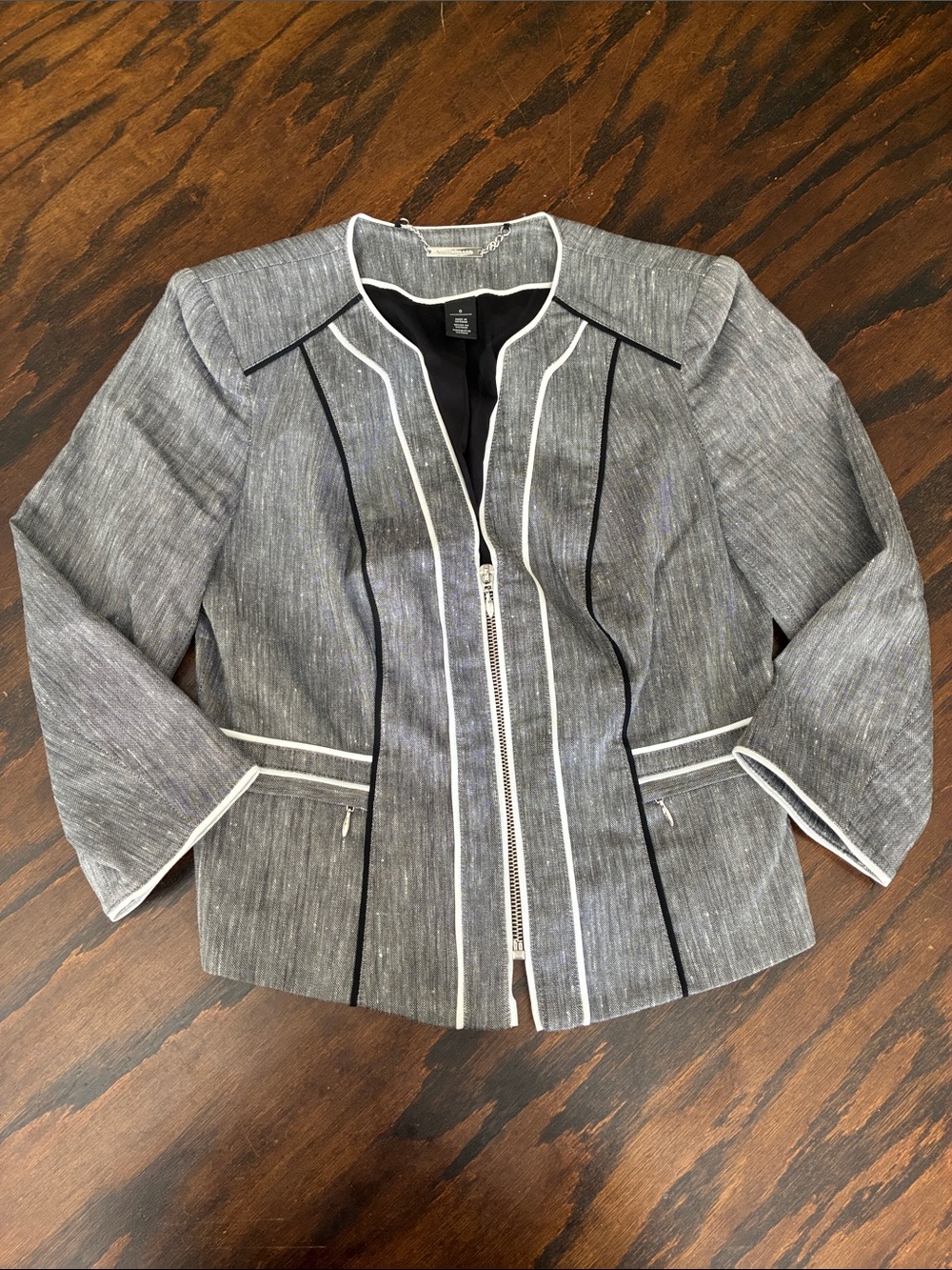 White House Black Market Grey Zip-Front Contrast Piped Jacket